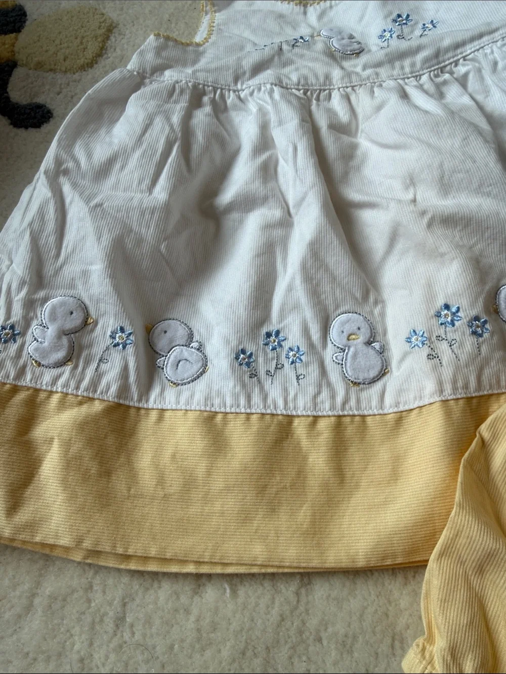 White & Pale Yellow Baby Dress Set with Duck Embroidery